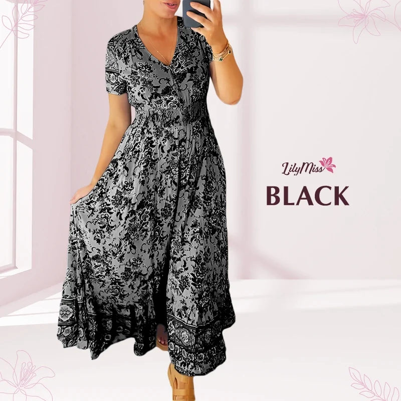 LilyMiss - Floral casual print V-neck shirred waist long dress