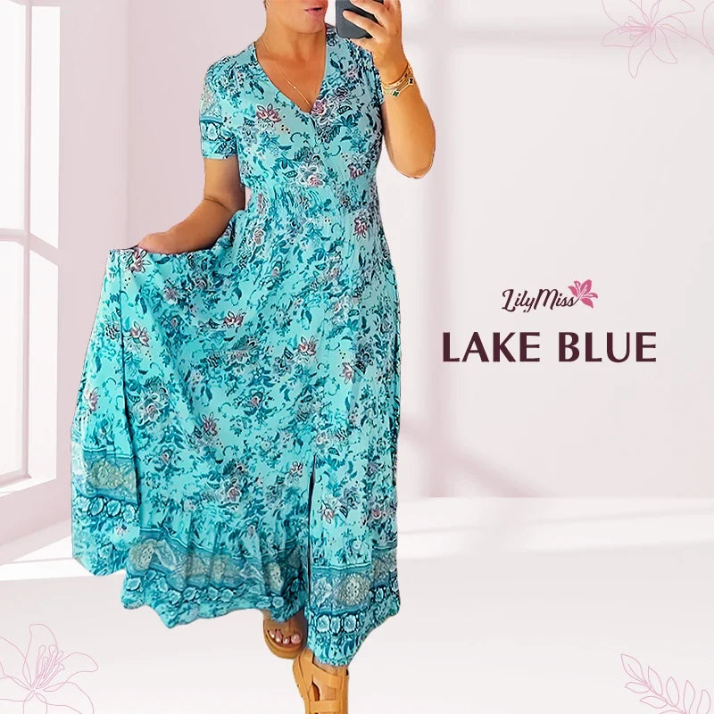 LilyMiss - Floral casual print V-neck shirred waist long dress