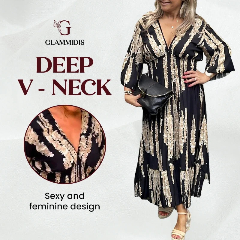 GlamMidis - Abstract-print V-neck Midi Dress