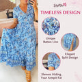 LilyMiss - Floral casual print V-neck shirred waist long dress