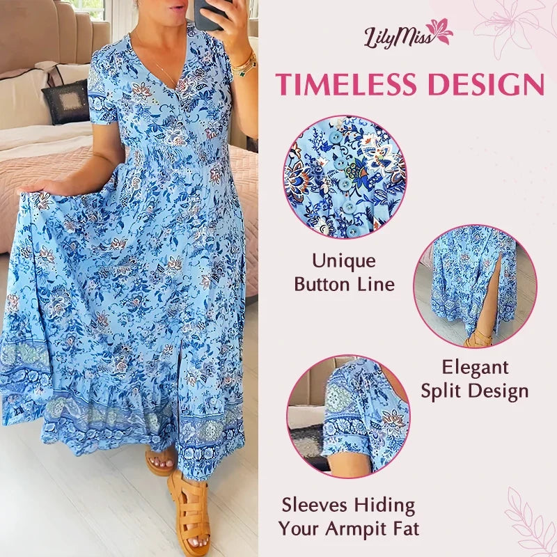 LilyMiss - Floral casual print V-neck shirred waist long dress