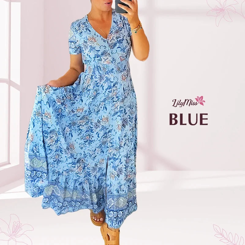 LilyMiss - Floral casual print V-neck shirred waist long dress